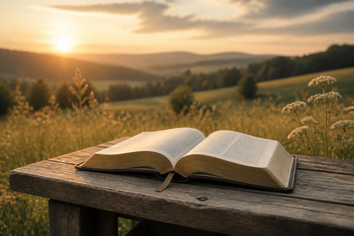 An open Bible in a peaceful field