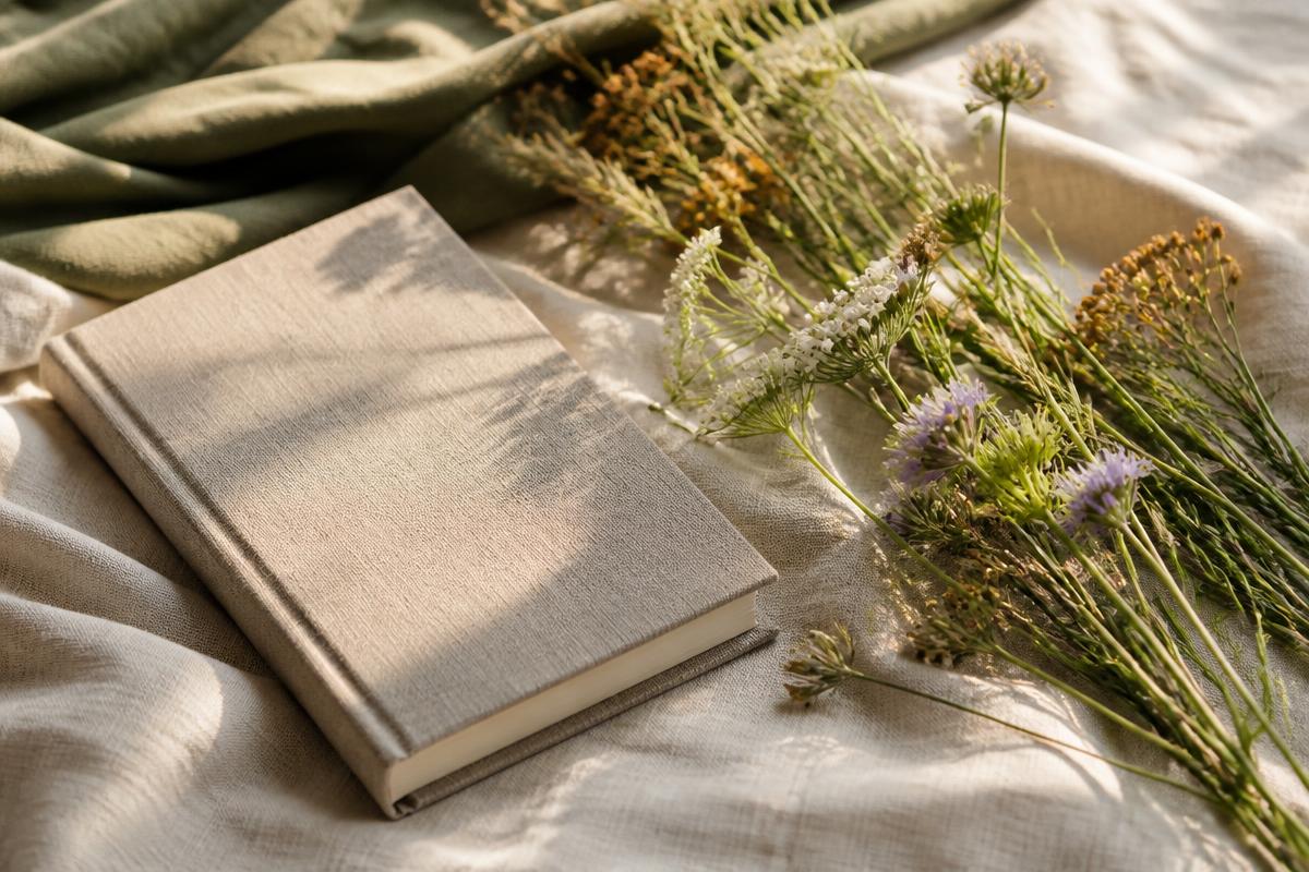 A linen journal beside field wildflowers